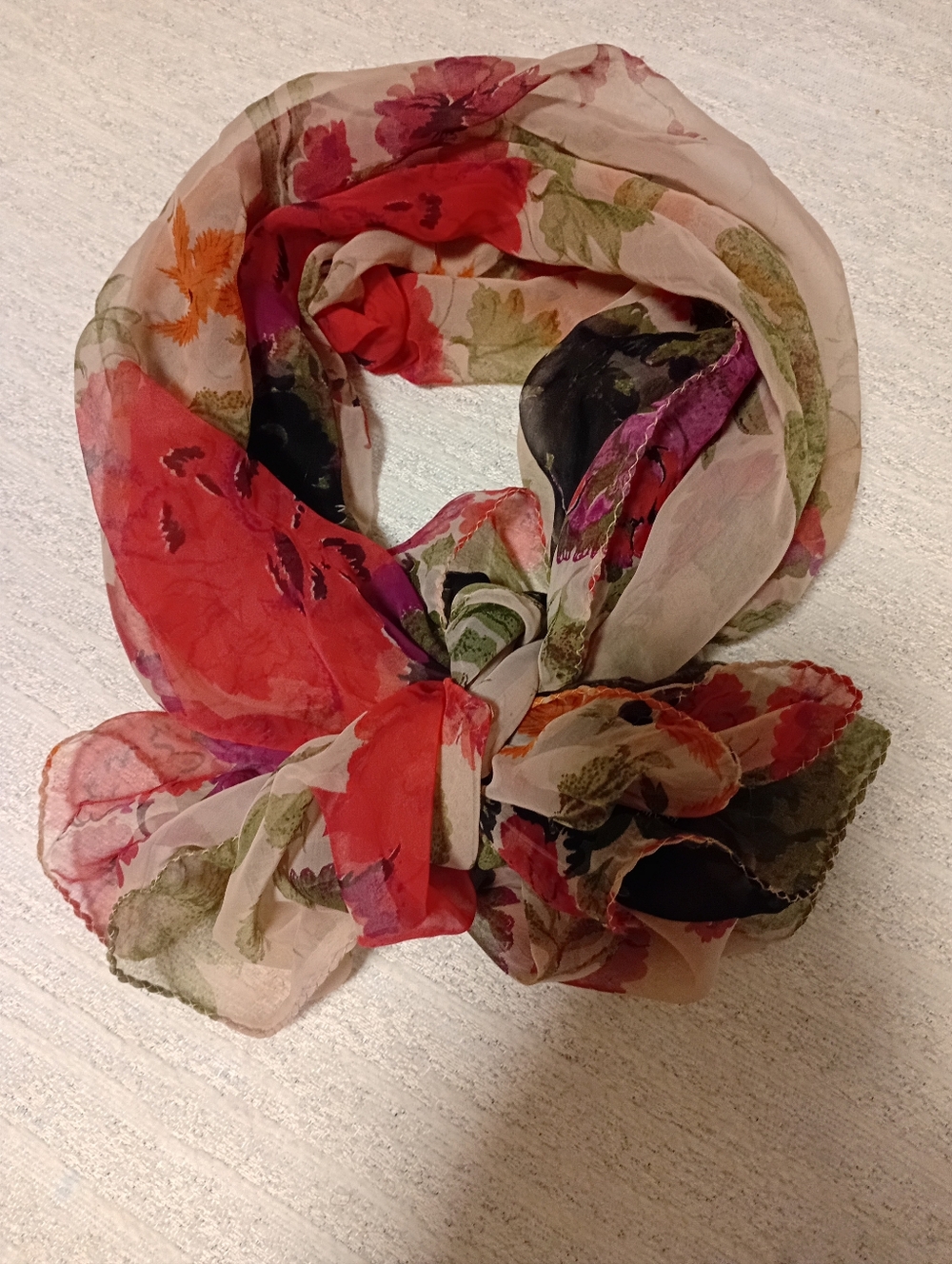 Silk 1Floral Sheer Scarf in Red, Cream and Green